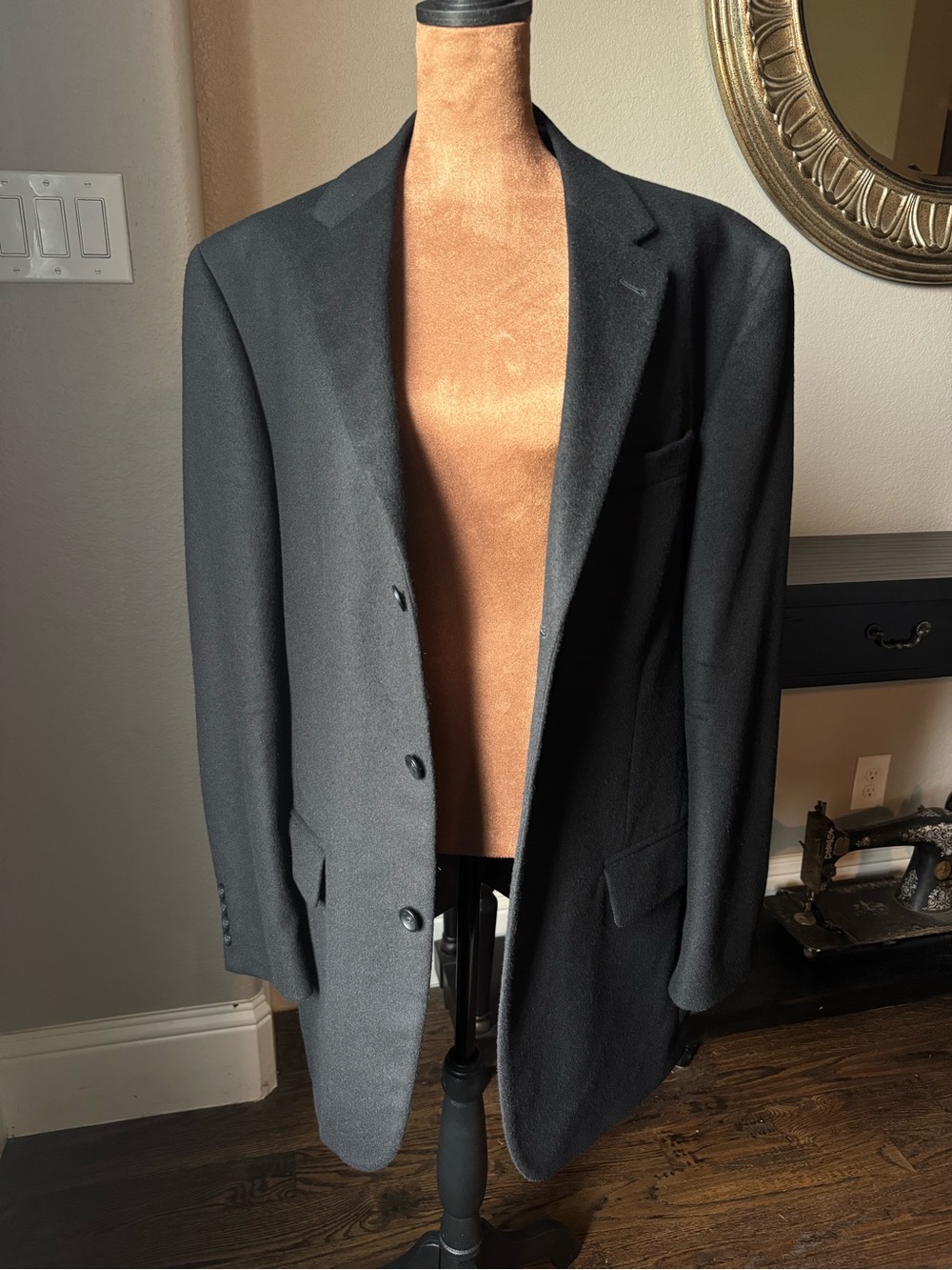 Oscar de la Renta 42L Wool Cashmere Sport Coat Blazer 3 Button Black Classic